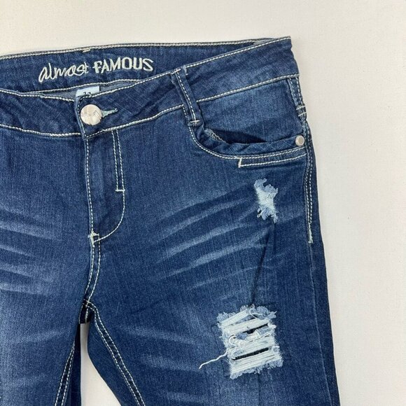 Almost Famous Womens Cropped Jeans Blue Distressed Dark Wash Low Rise Size 11 - Picture 8 of 10